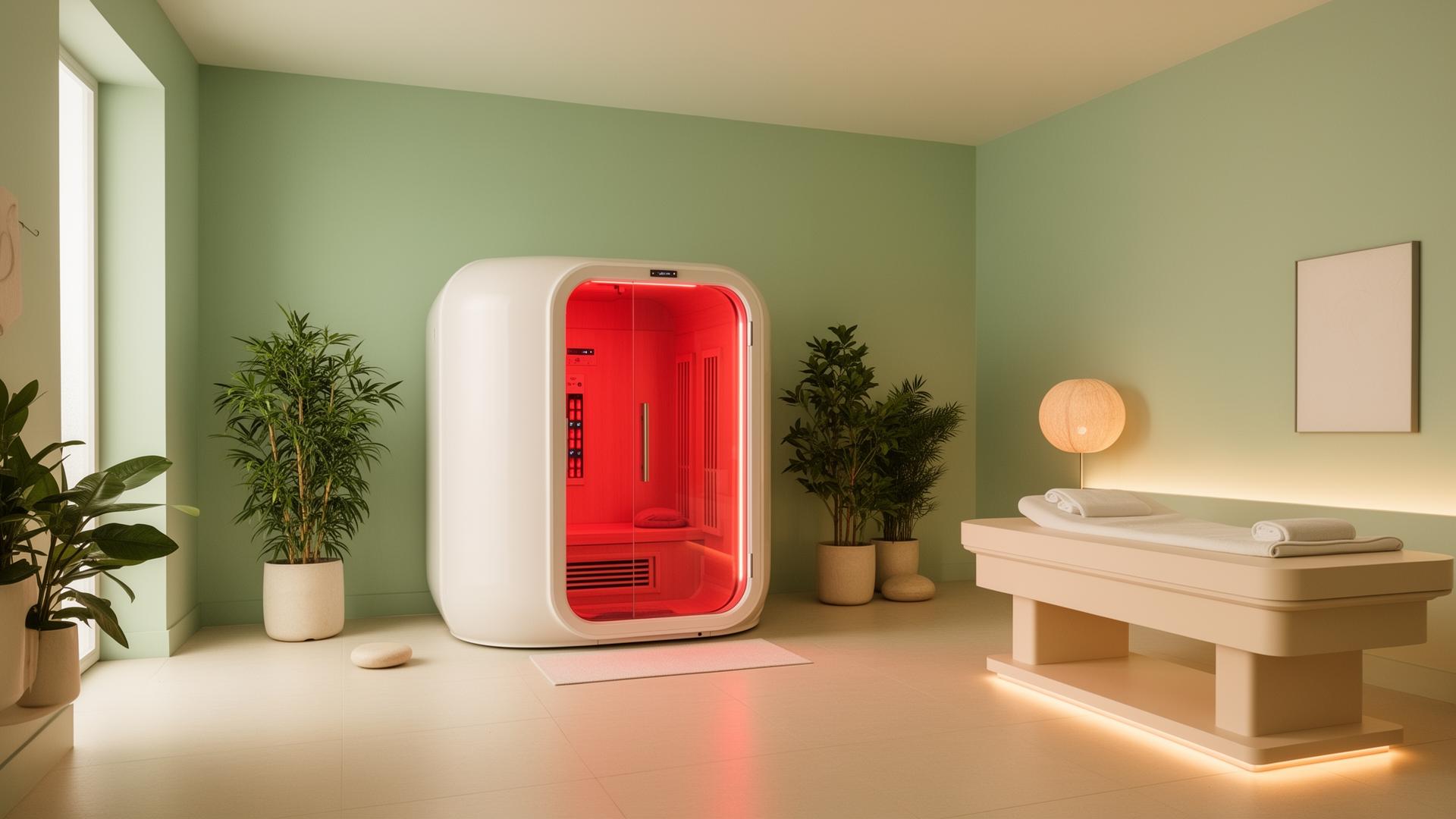 Modern wellness studio interior with infrared sauna pod and red light therapy bed
